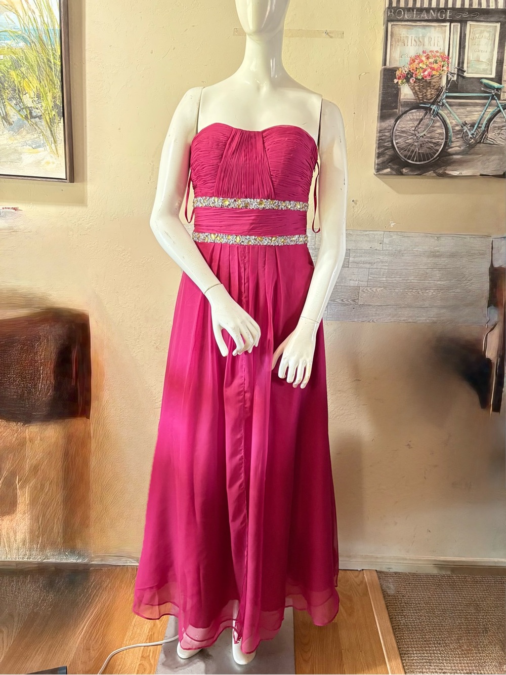 Aspeed Strapless Fuchsia Evening Gown with Beaded Waistbands